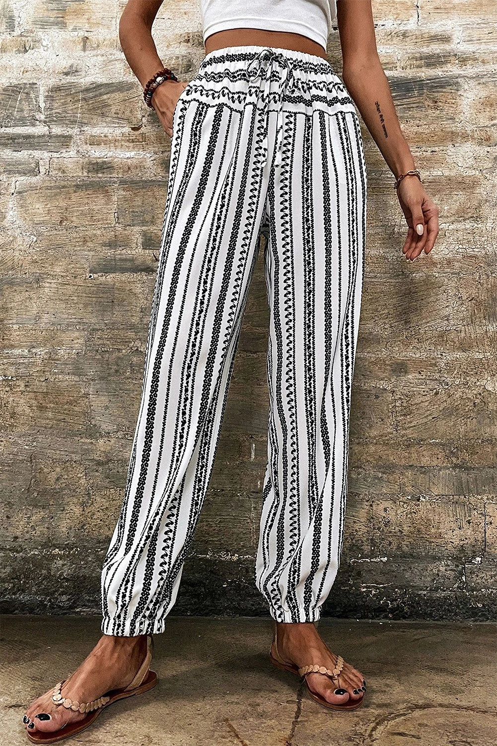 Black and fashion white striped flowy pants