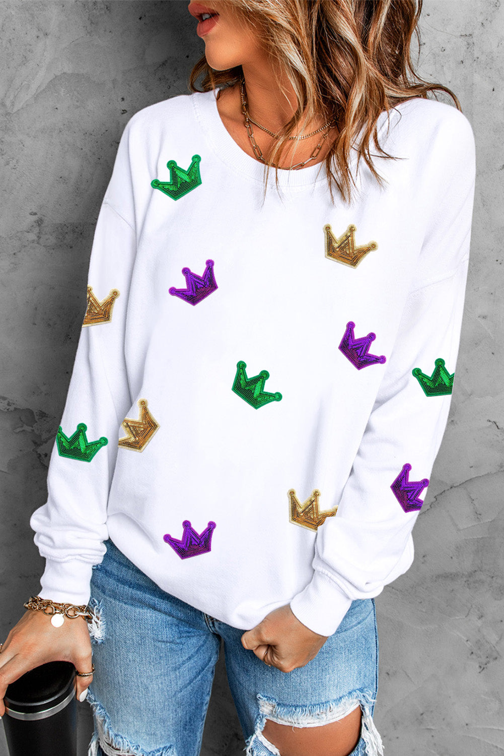 Mardi Gras Sweatshirt with Smiley Sequin Patches (Each) – Mardi