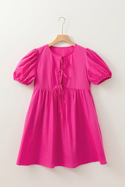 Bright Pink Solid Color Puff Sleeve Tie Front High Waist Mini Dress