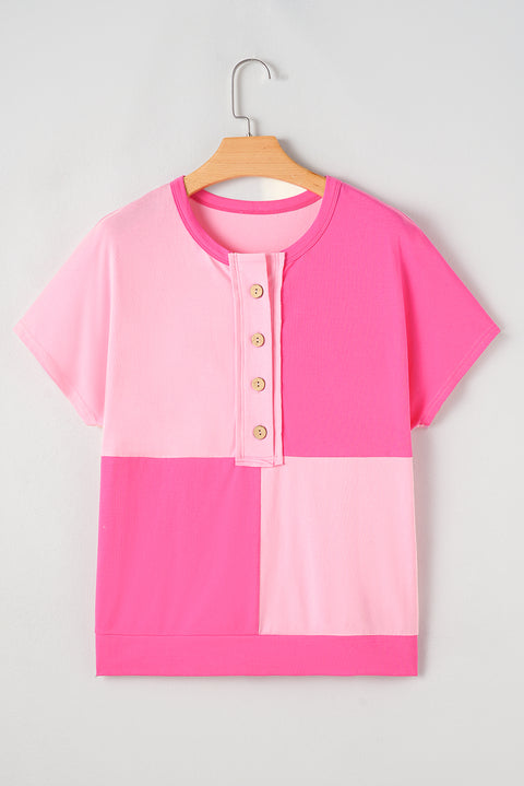 Pink Two Tone Half Buttons Collared T Shirt