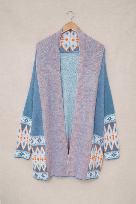 Gray Aztec Print Open Front Knitted Cardigan