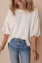 White Pearled Puff Sleeve Round Neck Loose Top