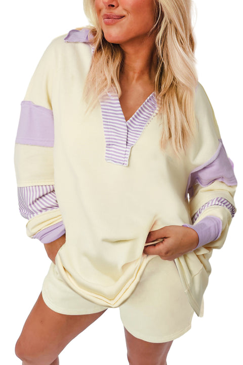 Yellow Colorblock Striped Split Neck Collared Sweatshirt