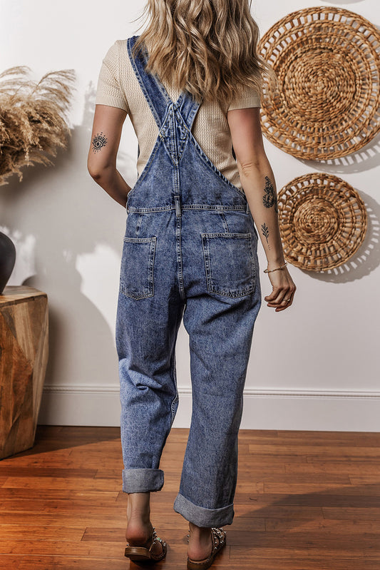 Sail Blue Denim Bib Straight Leg Jumpsuit with Pockets