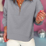 Gray Solid Textured Half Zipper Collared Sweatshirt