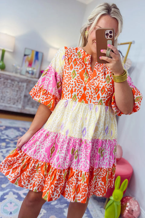 Multicolour Boho Mixed Print Half Bubble Sleeve Tiered Dress