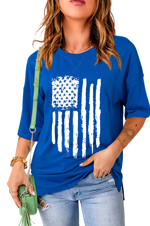 Dark Blue Distressed American Flag Graphic Split Baggy T Shirt