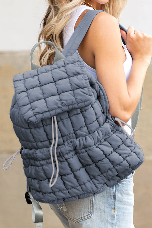 Dusk Blue Solid Flapped Quilted Puffer Backpack