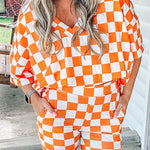 Orange Checkerboard Print V Neck Loose Tee and Shorts Lounge Set