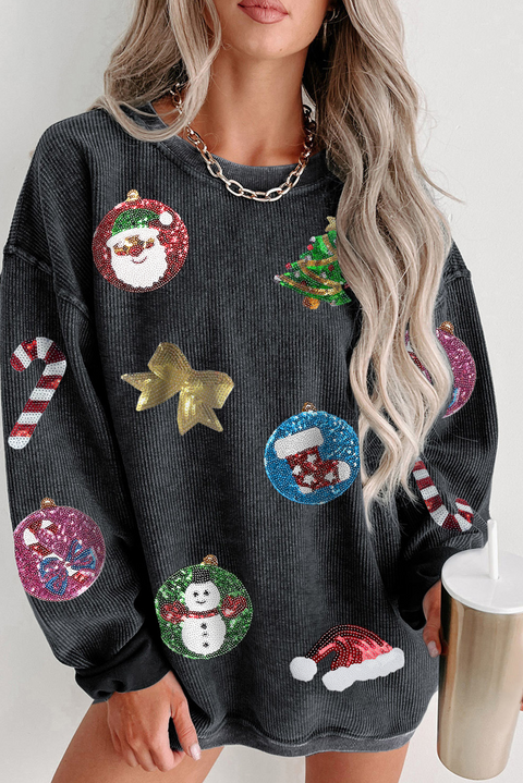 Black Sequined Christmas Elements Corded Baggy Sweatshirt