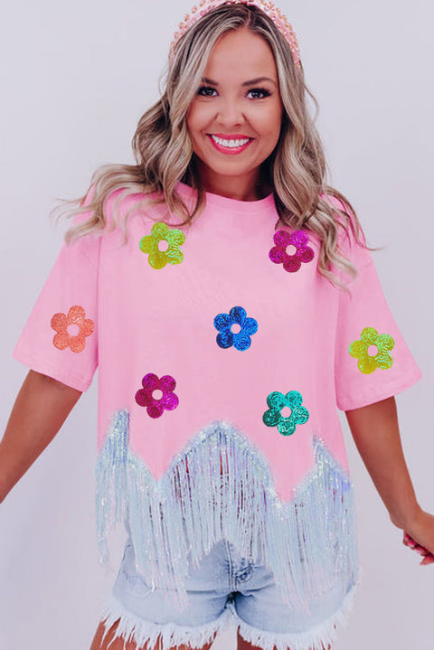 Pink Sequined Flower Tasseled Crew Neck Graphic Tee