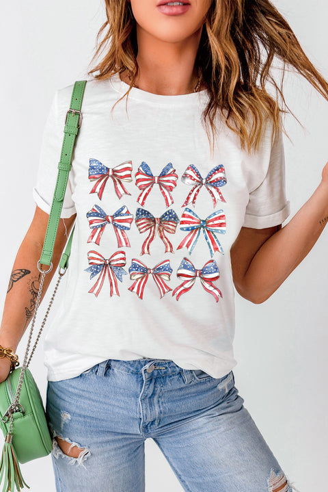 White American Flag Bow Knot Print Crew Neck Casual Tee