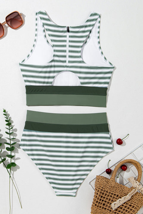 White Stripe Zipped Cut out Racer Back High Waisted Bikini