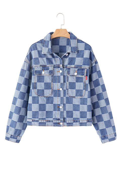 Light Blue Checkered Patchwork Button up Denim Jacket