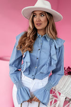 Myosotis Ruffled Shirred Cuffs Button up Chambray Shirt