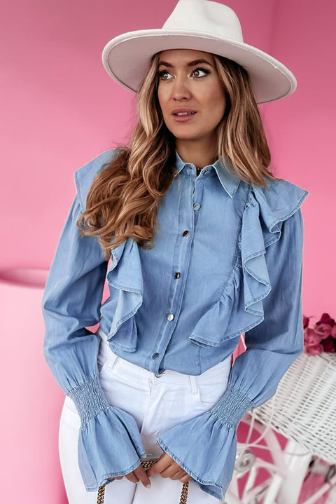 Myosotis Ruffled Shirred Cuffs Button up Chambray Shirt