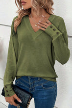 Jungle Green Textured Knit V Neck Button Cuffs Long Sleeve Top