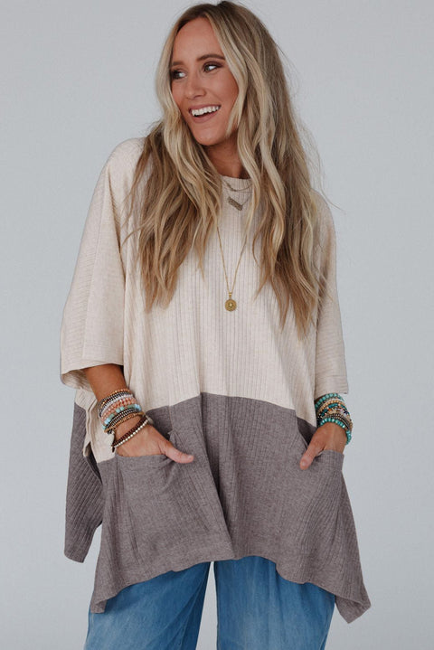 Pale Khaki Color Block Ribbed Knit Split Side Poncho