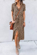 Khaki Leopard Turn-Down Collar Slit Midi Dress