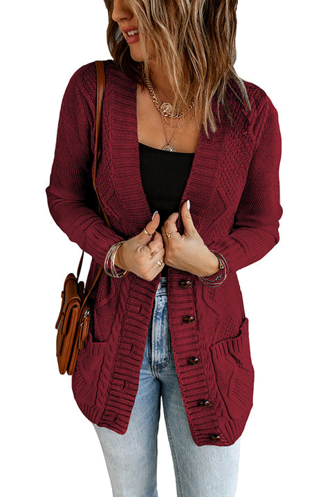 Burgundy Front Pocket and Buttons Closure Cardigan