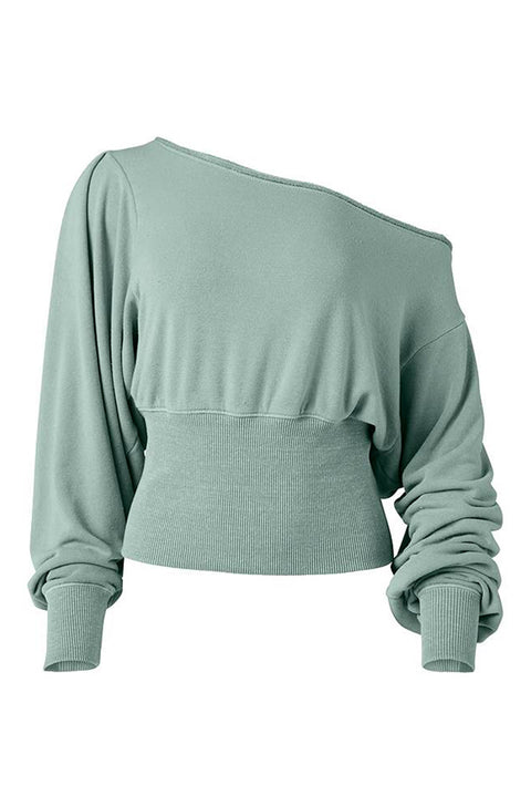 Green Off Shoulder Bishop Sleeve Cinched Waist Blouse