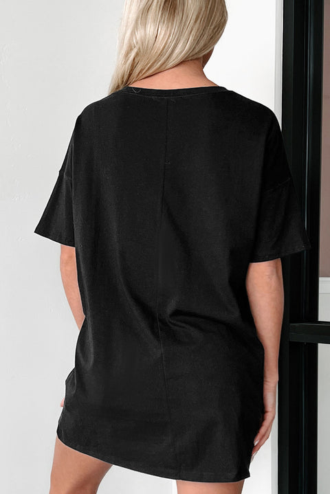 Black Solid Color Round Neck Basic Tunic T Shirt