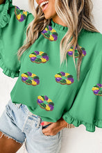 Green Sequin Doughnut Graphic Ruffled Trim Bell Sleeve Mardi Gras Blouse