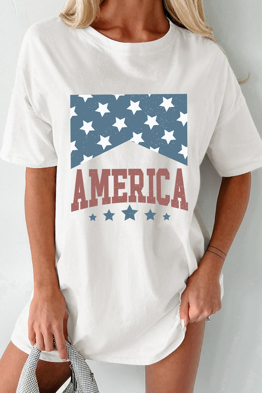 White AMERICA Stars Print Round Neck Oversized T Shirt