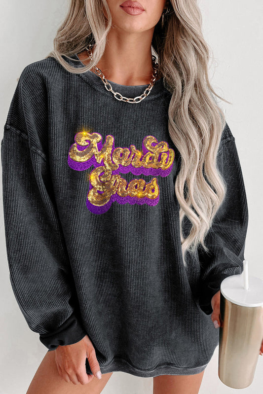 Black Carnival Sequin Mardi Gras Embroidered Pullover Sweatshirt