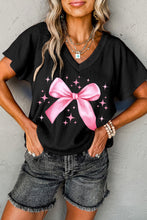 Black Bowknot Starry Print Textured V Neck T Shirt