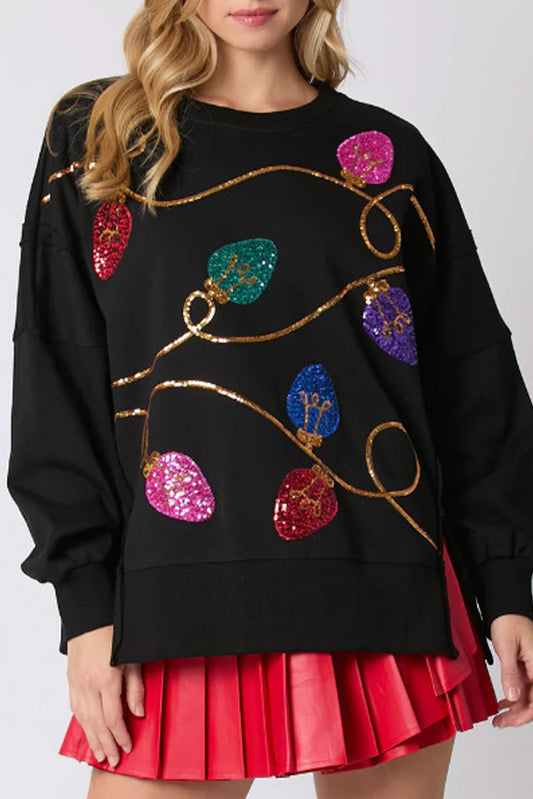 Black Bright Christmas Lights Sequined Oversized Sweatshirt