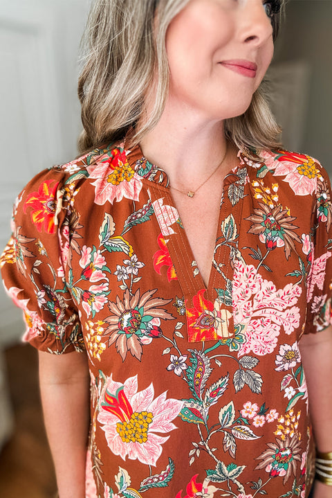 Brown Floral Stitched V Neck Frilled Trim Puff Short Sleeve Blouse