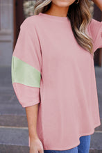 Light Pink Color Block Ribbed Knit Quarter Sleeve Top