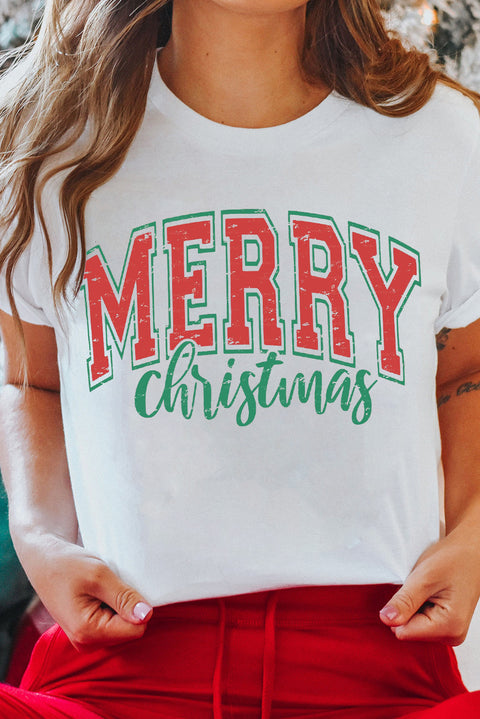 White MERRY Christmas Graphic Round Neck T Shirt