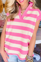 Pink Stripe V Neck Collared Cap Sleeve Top