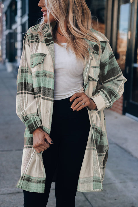 Mint Green Plaid Print Flap Pockets Long Shacket