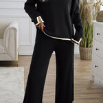 Black Contrast Trim Split Cuffs Long 2pcs Sweater Outfit Loungewear