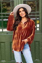 Brown Solid Color Textured Velvet Button Up Shirt