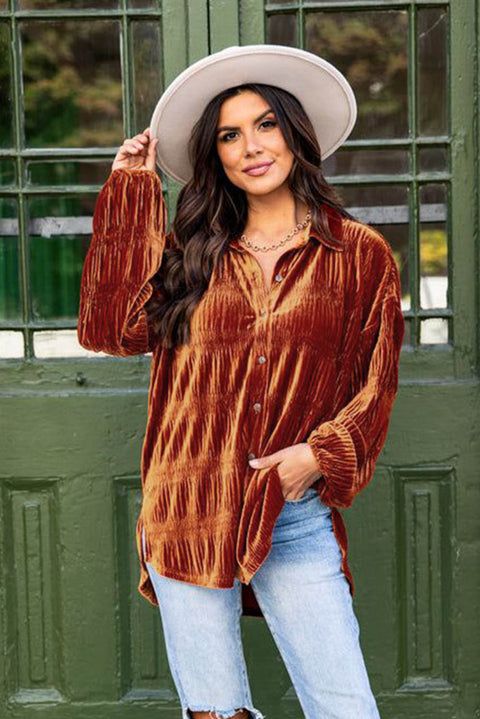 Brown Solid Color Textured Velvet Button Up Shirt