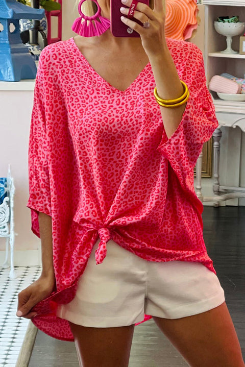 Leopard Print Oversized Half Sleeve V Neck Top