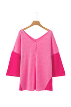 Sachet Pink Contrast Patchwork 3/4 Sleeve V Neck Loose Blouse