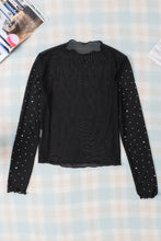 Black Rhinestone Sheer Mesh Slim Fit Long Sleeve Top