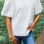 White Solid Textured O Neck Puff Sleeve Blouse