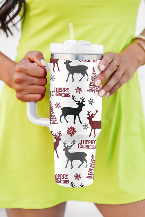 White Merry Christmas Tree Snowflake Elk Print Handle Tumbler