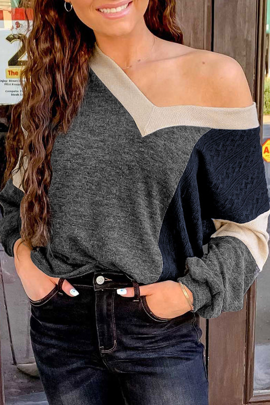 Black Brushed Contrast Knit V Neck Colorblock Long Sleeve Top