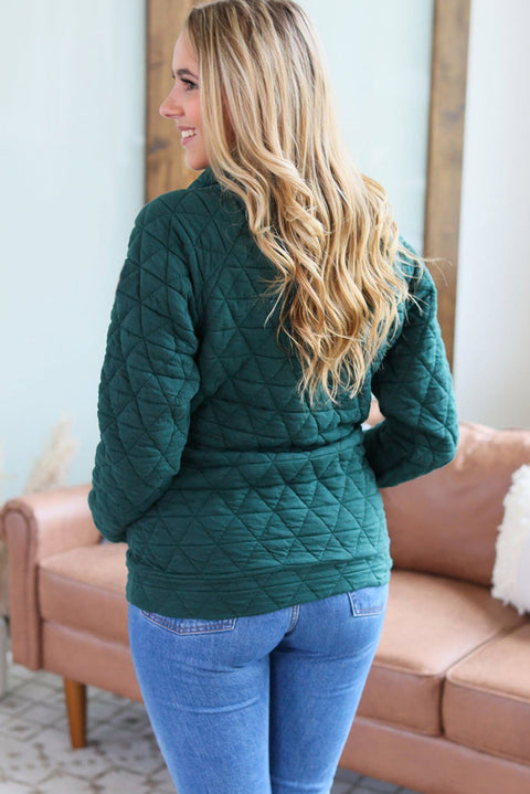 Blackish Green Plus Size Quarter Buttoned Pocketed Quilted Sweatshirt