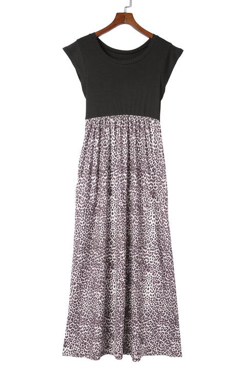 Leopard Patchwork Ribbed Maxi Dress with Pockets