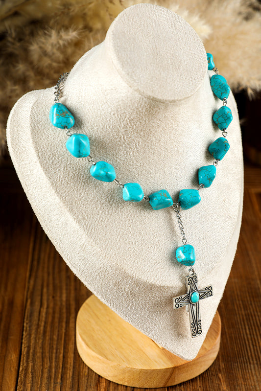 Peacock Blue Turquoise Cross Pendant Necklace