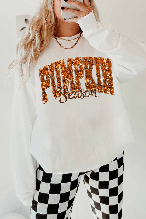 Beige Heat-transfer PUMPKIN Season Printed Crewneck Thanksgiving Sweatshirt