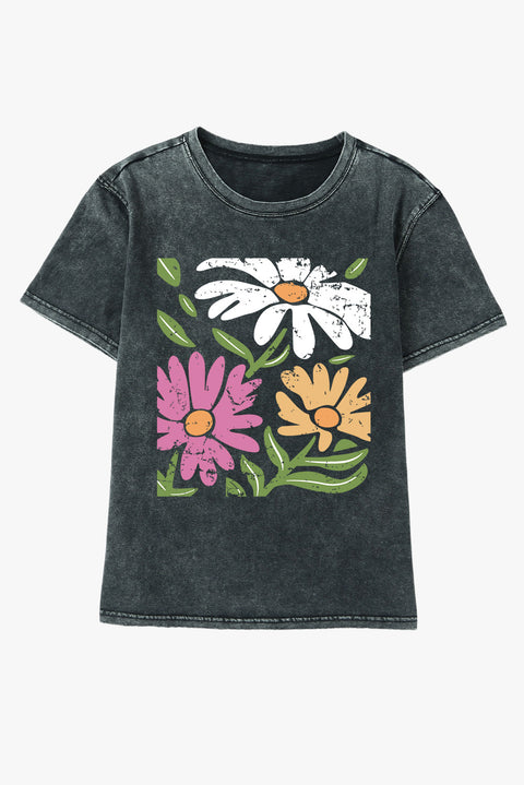 Black Daisy Print Mineral Wash Round Neck T Shirt